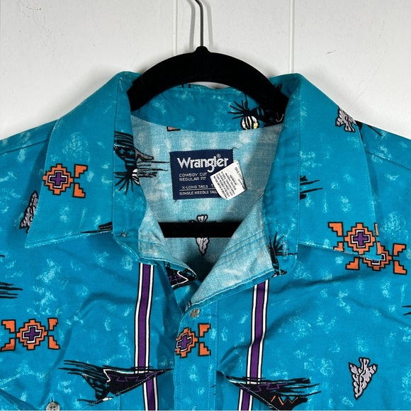 VTG Wrangler Blue Cowboy Cut Regular Fit Aztec Print Western X Long Tails 17 1/2 - Picture 7 of 8